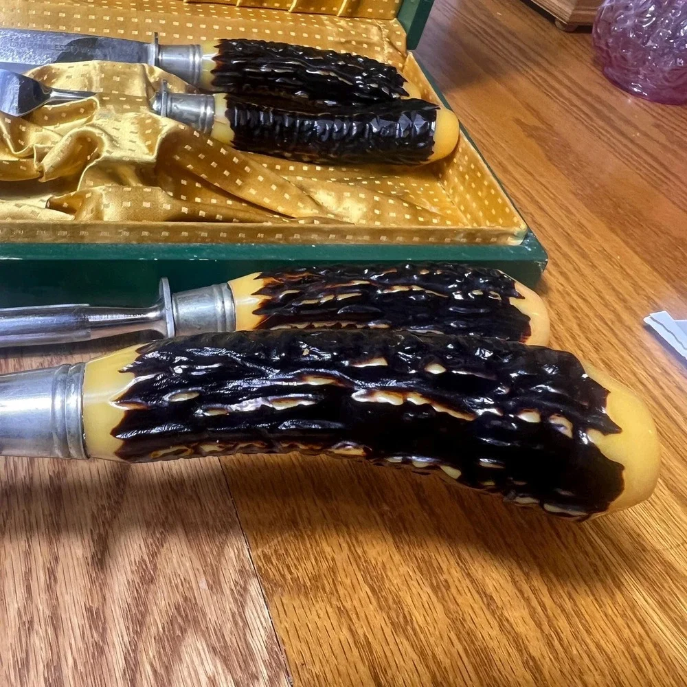 VTG Flint Stainless Vanadium USA Carving Set Faux Stag Handles Sharpener w case